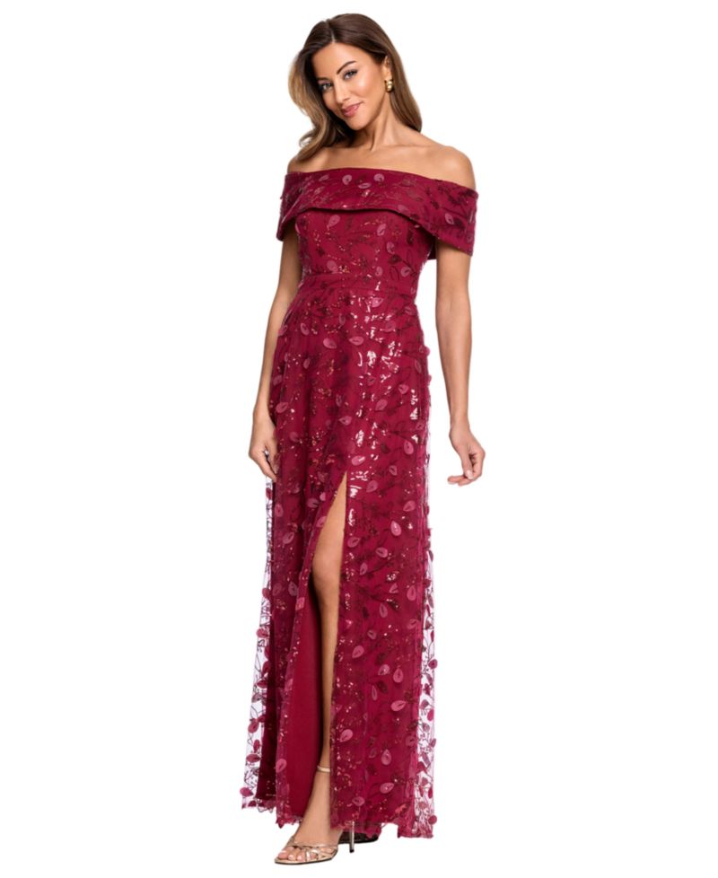 Petite 3D Embellished Mesh Off-The-Shoulder Ball Gown