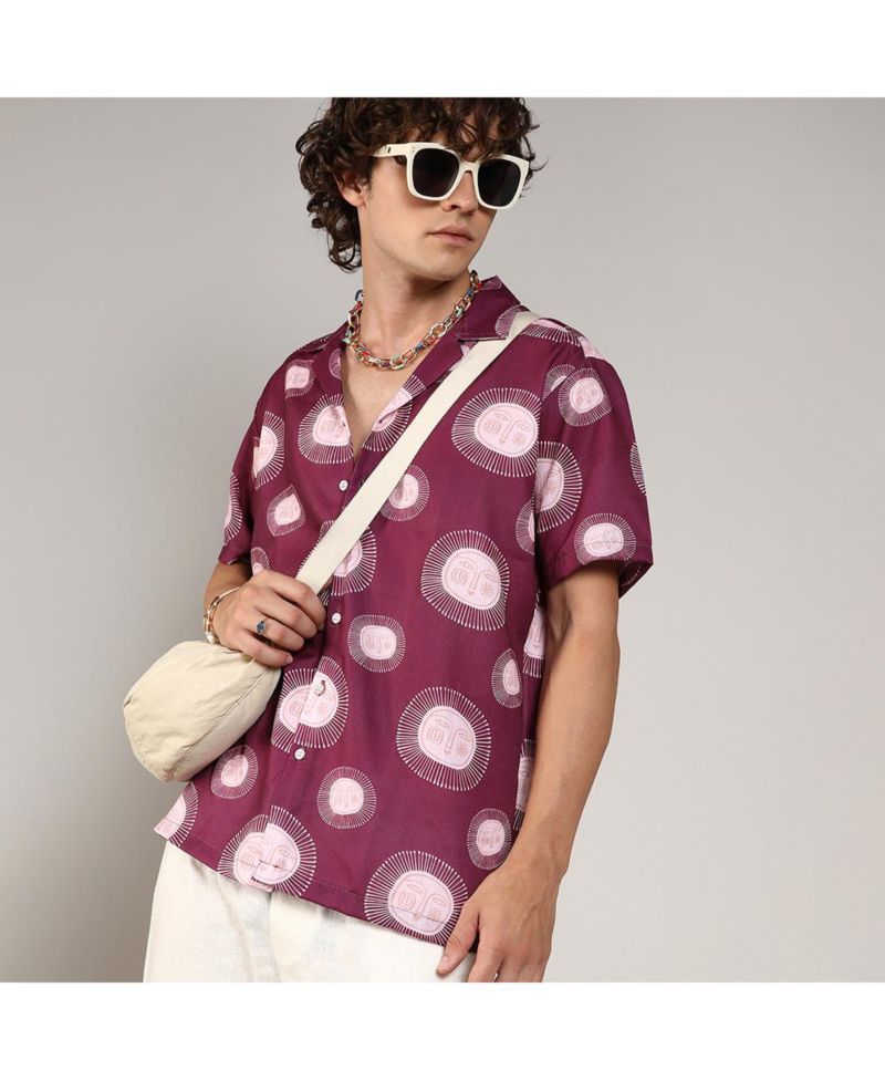 Men's Wine Red Relaxed Face Shirt