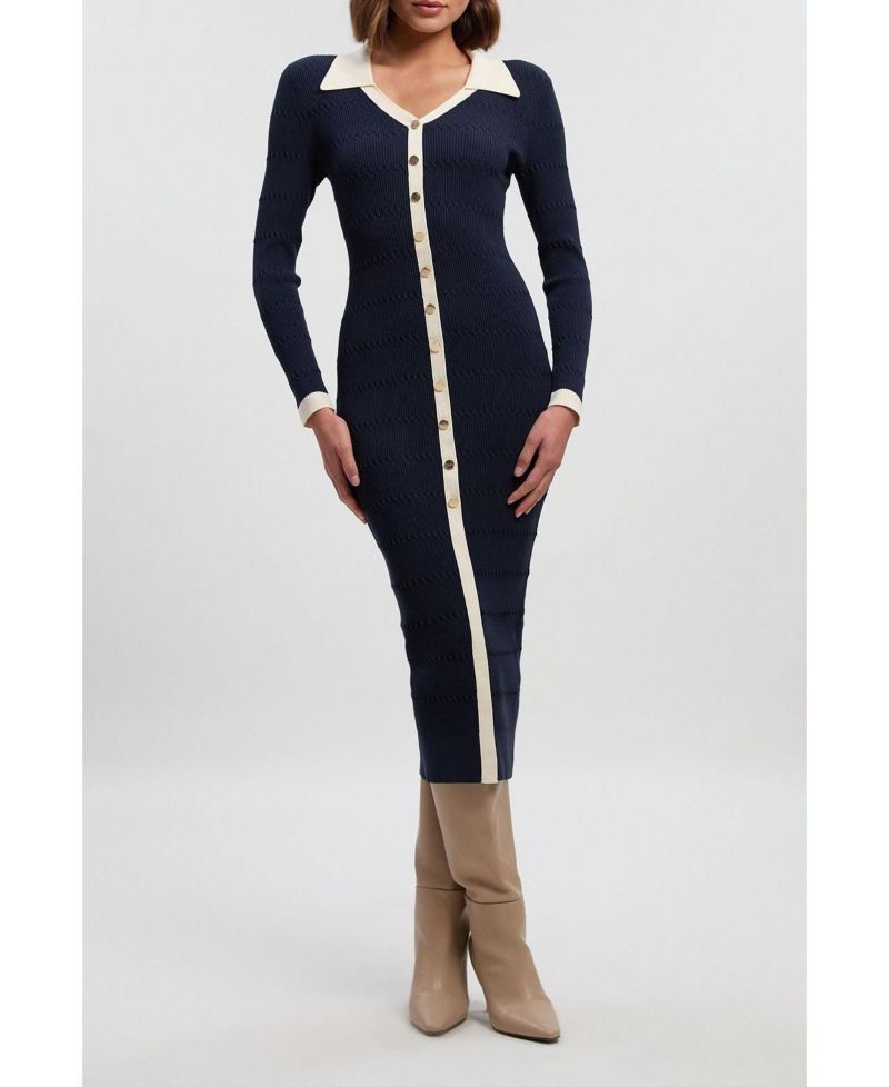 Women's Rib Contrast Button Knit Midi Dress