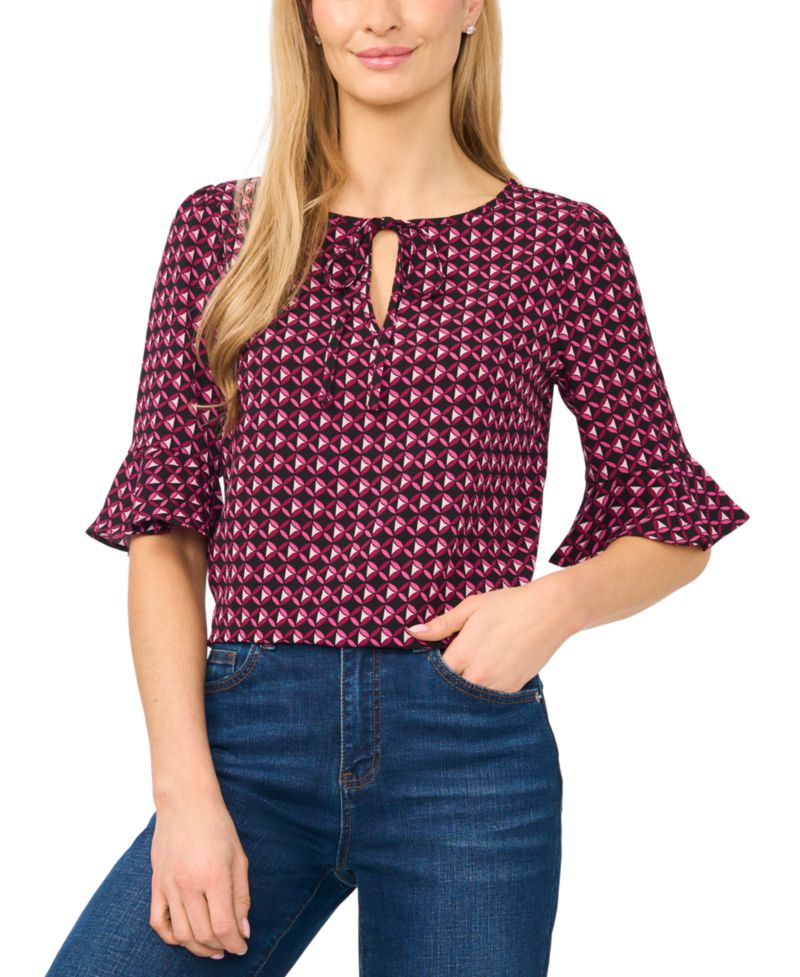Women's Split-Tie-Neck 3/4-Sleeve Ruffle-Cuff Blouse