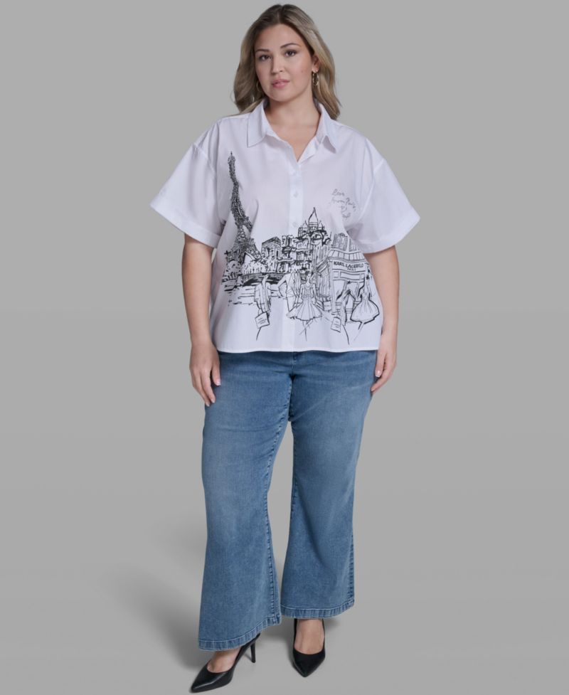 Plus Size Paris Scene Poplin Short-Sleeve Top