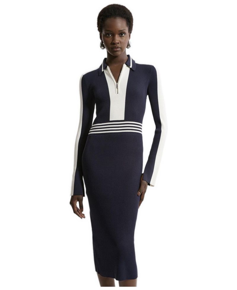 Women's Rib Knit Polo Zip Up Midi Dress
