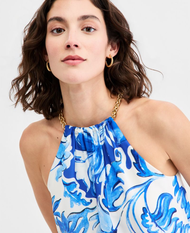 Women's Printed Halter Blouson Midi Dress