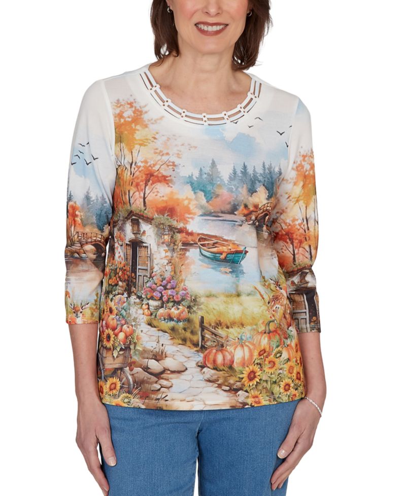 Petite Autumn Lake Scenic Print Top