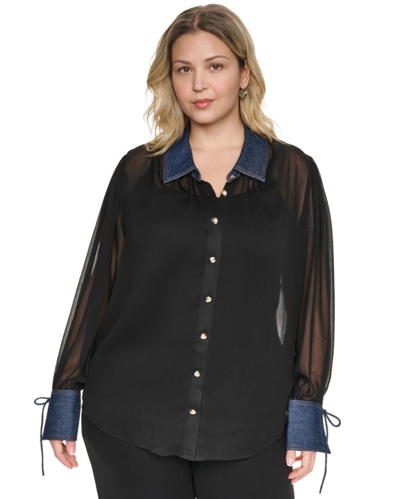Plus Size Mixed Media Collared Button-Front Top