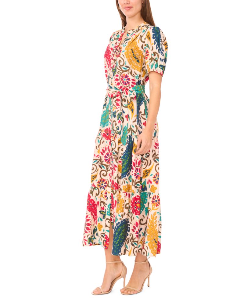 Women's Floral Button-Front Maxi Dress with Self-Tie Belt
