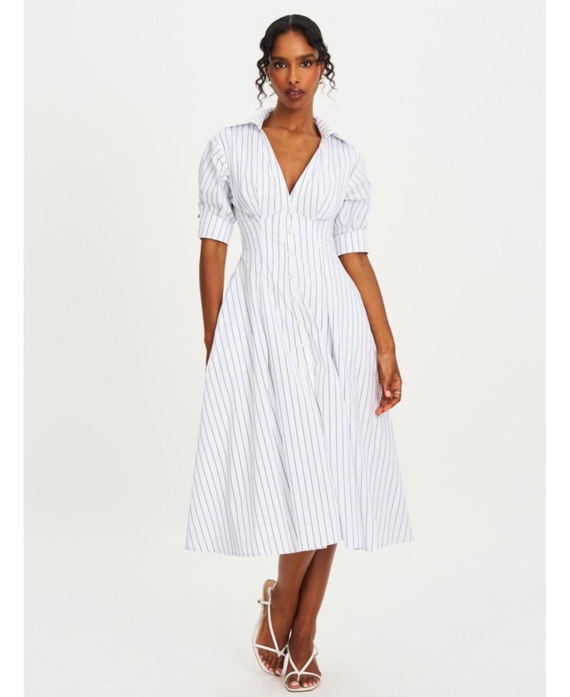Women's Palina Pinstripes Cotton Poplin Pleated Midi Preppy Shirt Dress