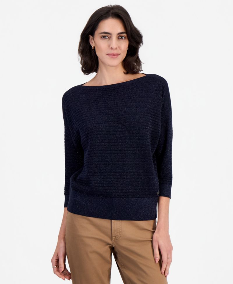 Women's Lurex-Knit 3/4-Length-Sleeve Boatneck Sweater