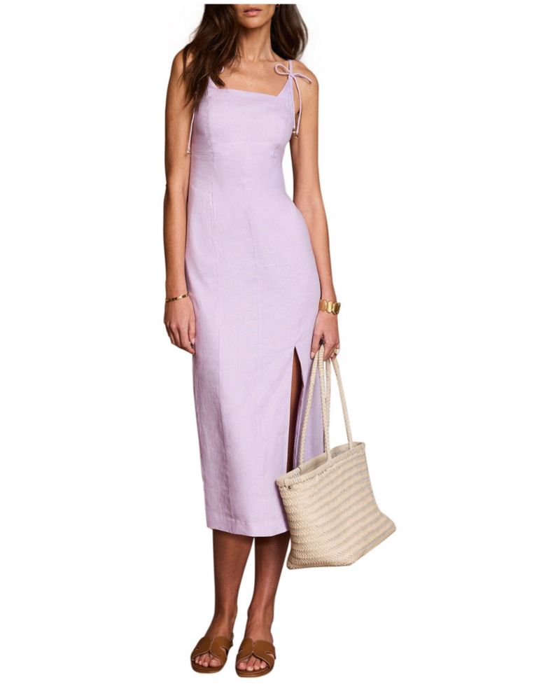 Women's Linen Square-Neck Bow-Detail Midi Dress