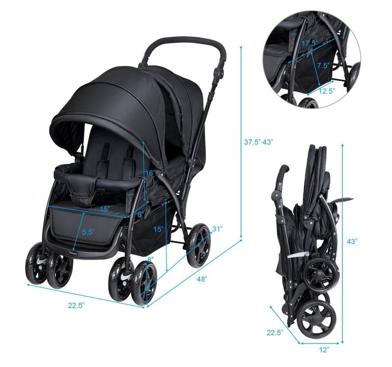 Foldable Double Baby Stroller with Front Back Seats Lightweight Design