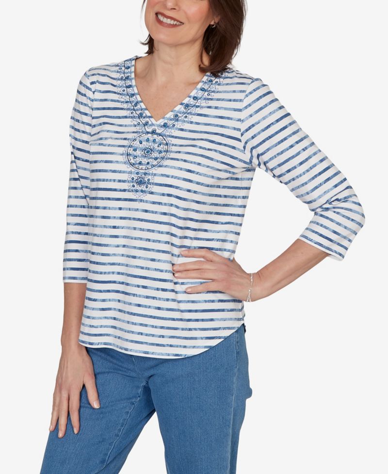Women's Classic Medallion Embroidered Stripe V-Neck Top