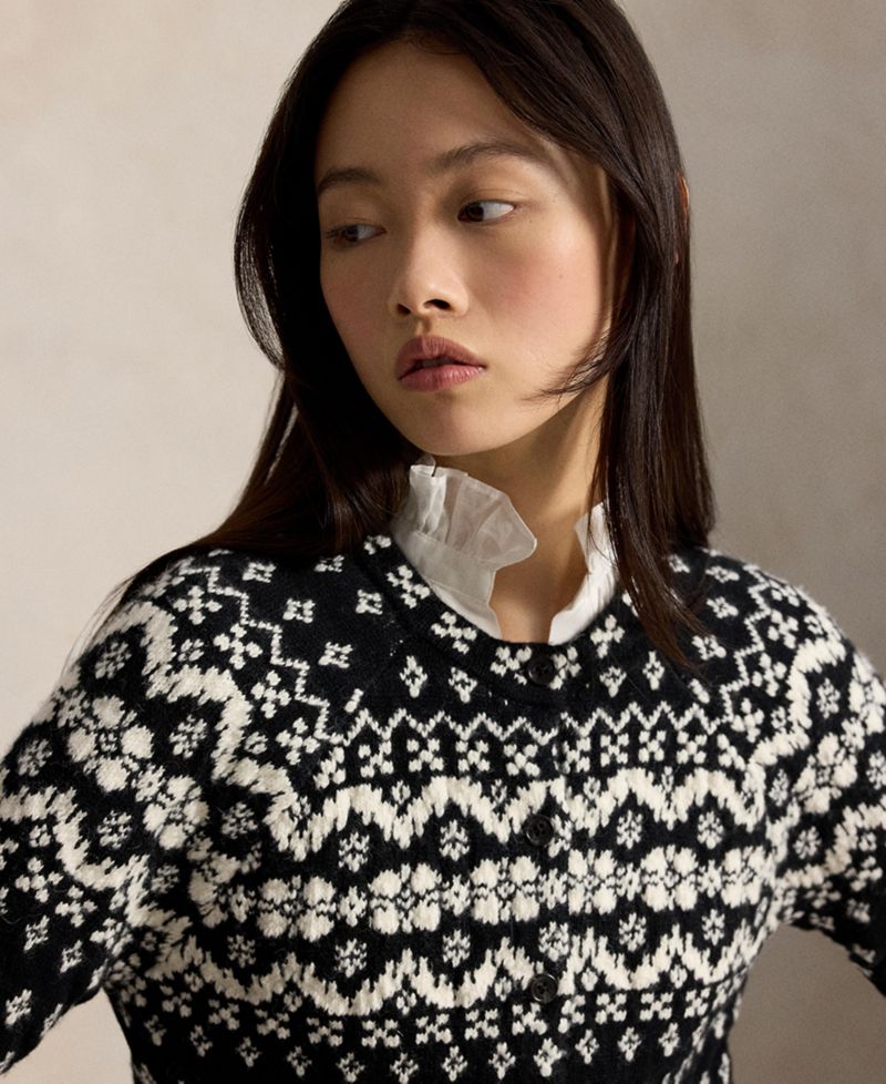 Women's Fair Isle Crewneck Cropped Wool-Cotton Blend Cardigan
