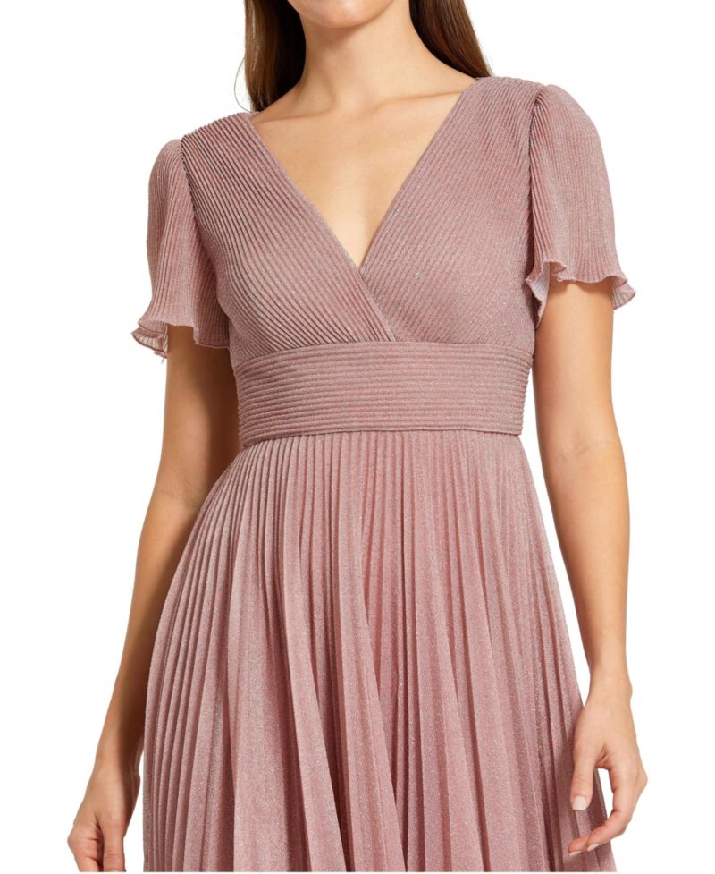Women's Pleated Metallic Flutter Sleeve V-Neck A-Line Gown