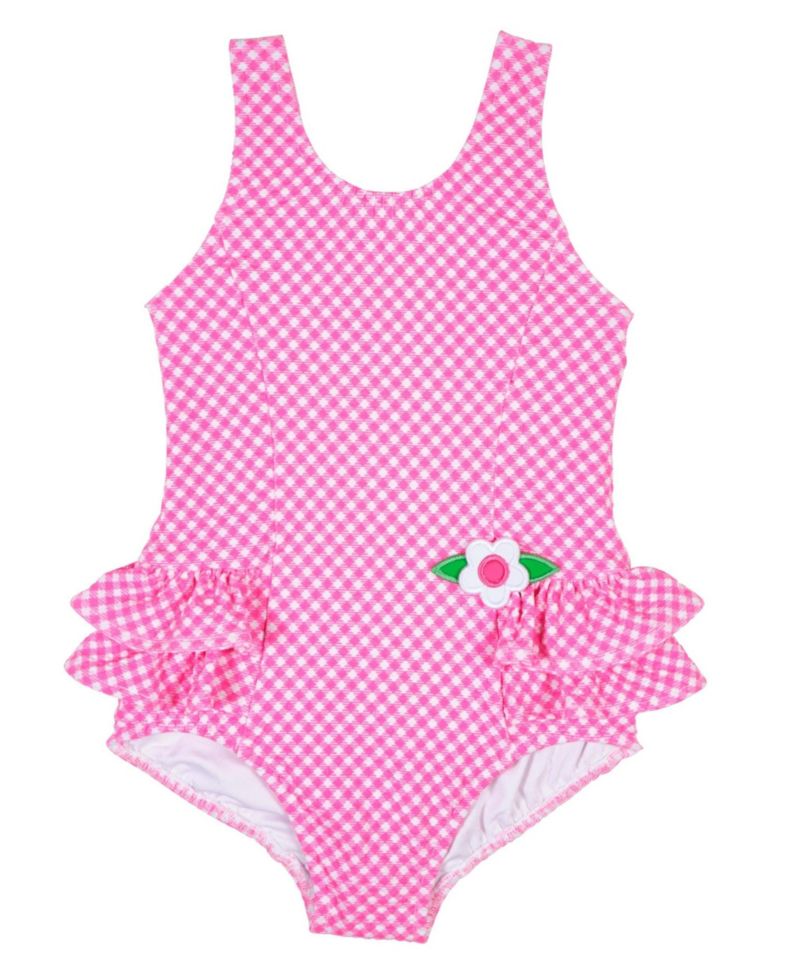 Little Girls Gingham Swimsuit with Ruffles and Flower