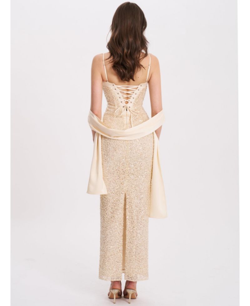Women's Raizel Gold Beaded Sequin Bodycon Gown with Scarf