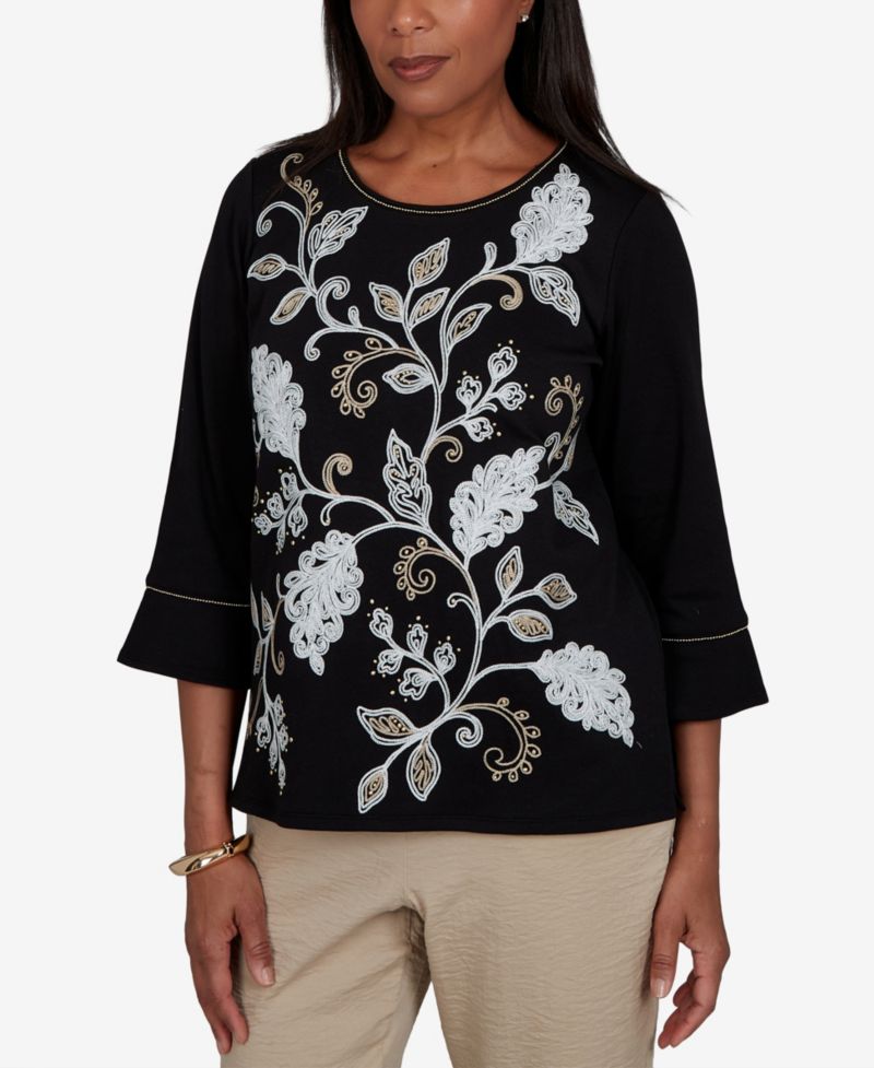 Women's Travel Advisory Scroll Leaf Embroidered Top