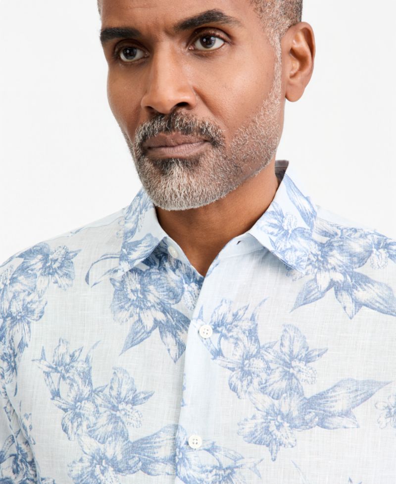 Men's Linen Floral-Print Short-Sleeve Shirt