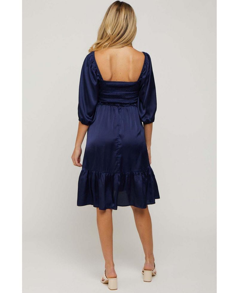 Maternity Navy Satin Smocked Ruffle Hem Dress
