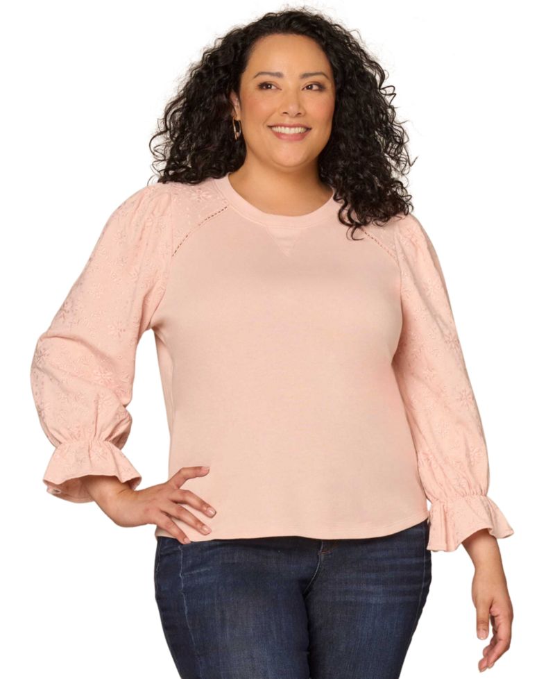 Plus Size Dye Cut Embroidered Scoop Neck Top