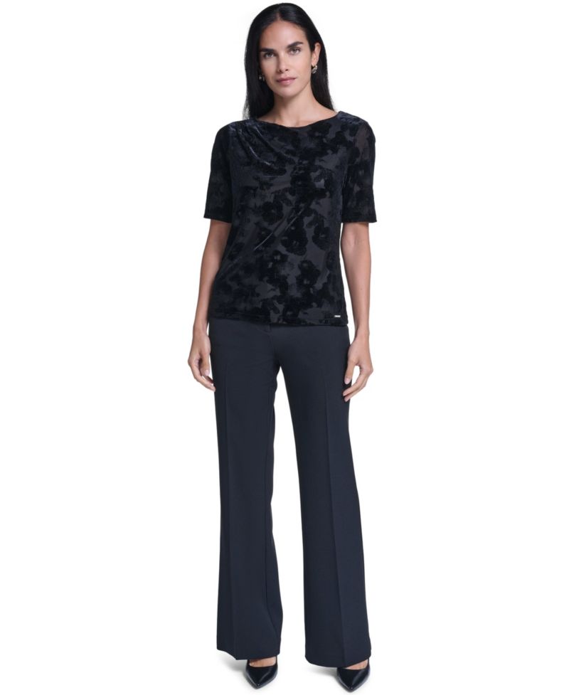 Women's Short-Sleeve Pleated Floral Blouse