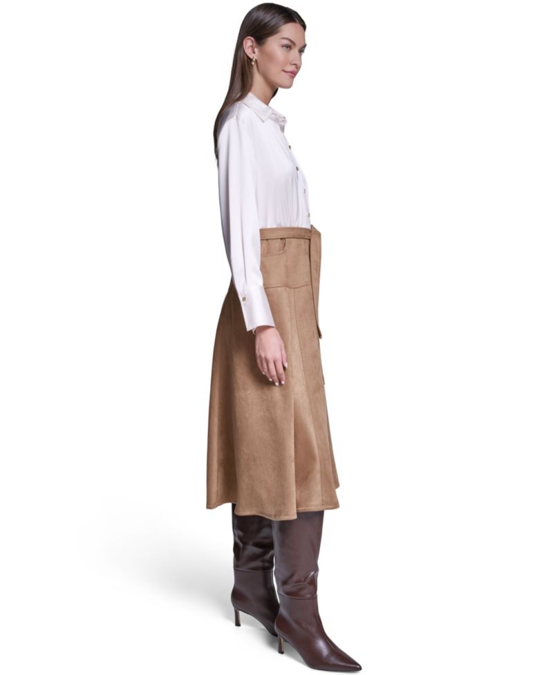 Women's Colorblock A-Line Long-Sleeve Satin & Suede Midi Shirt Dress