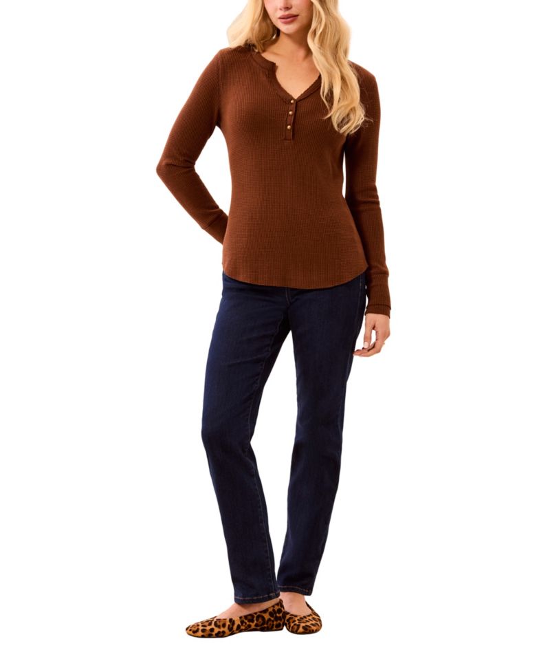 Women's Brushed Waffle Knit Henley Long Sleeve Top