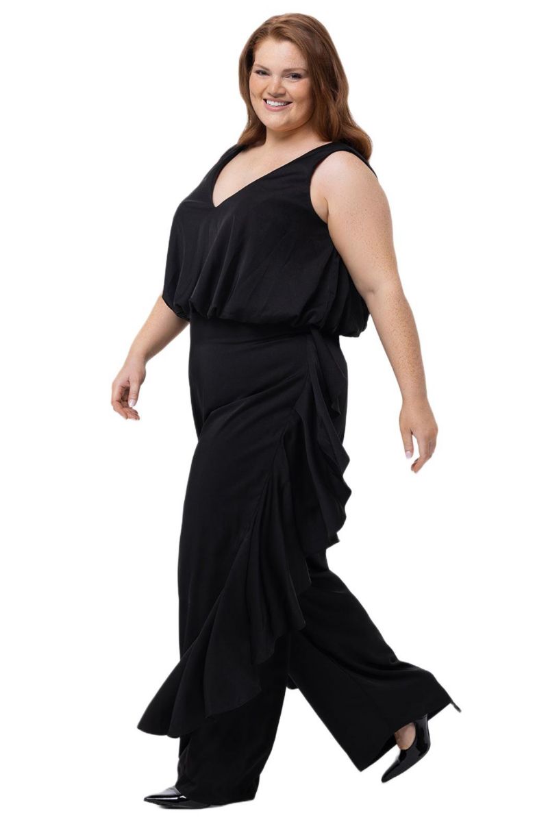 Women's V-Neck Stretch Satin Jumpsuit with Ruffles