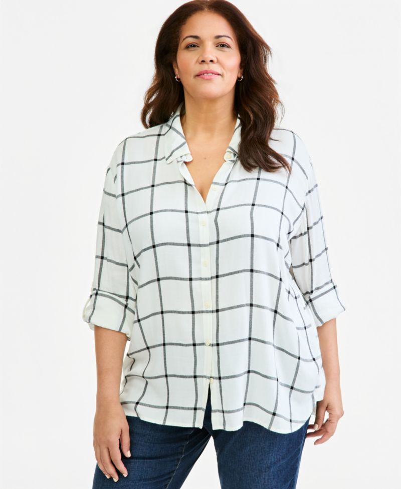 Plus Size Plaid Roll-Tab Button-Front Shirt