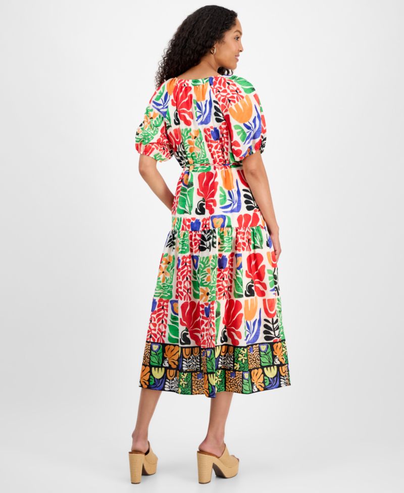 Women's Printed V-Neck Puff-Sleeve Midi Dress