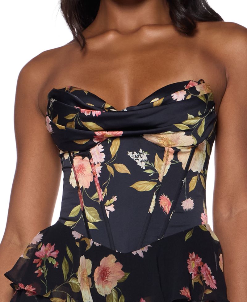 Juniors' Strapless Sweetheart-Neck Corset-Style Bodice Tiered Skirt Dress