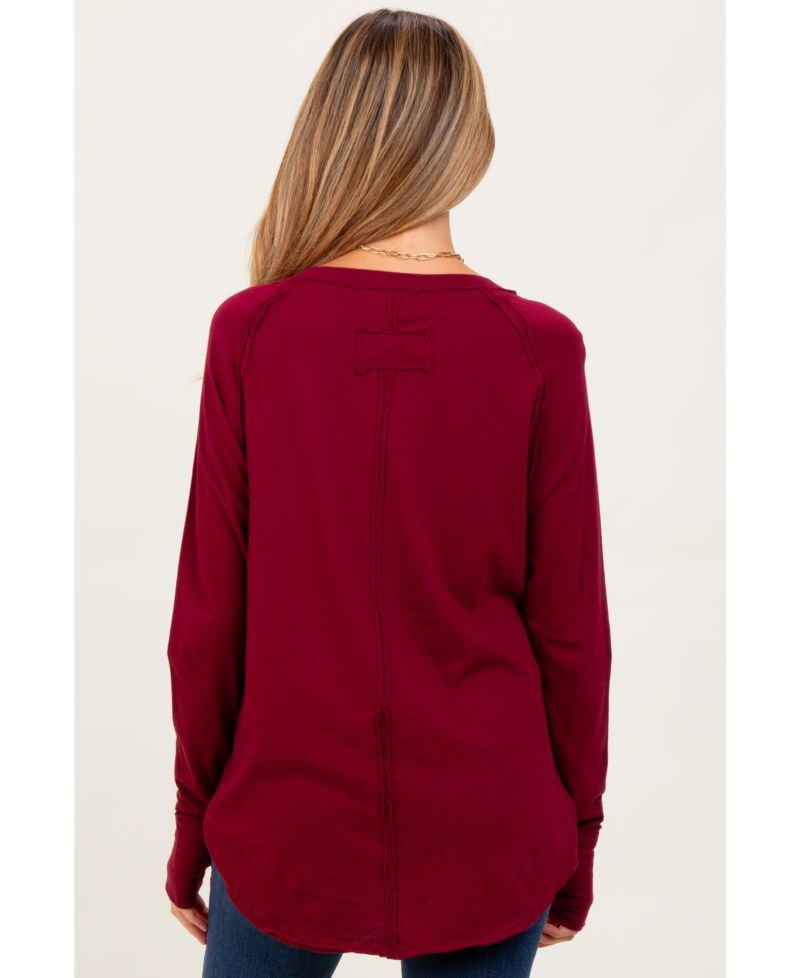 Women's Burgundy Exposed Seam Long Sleeve Top