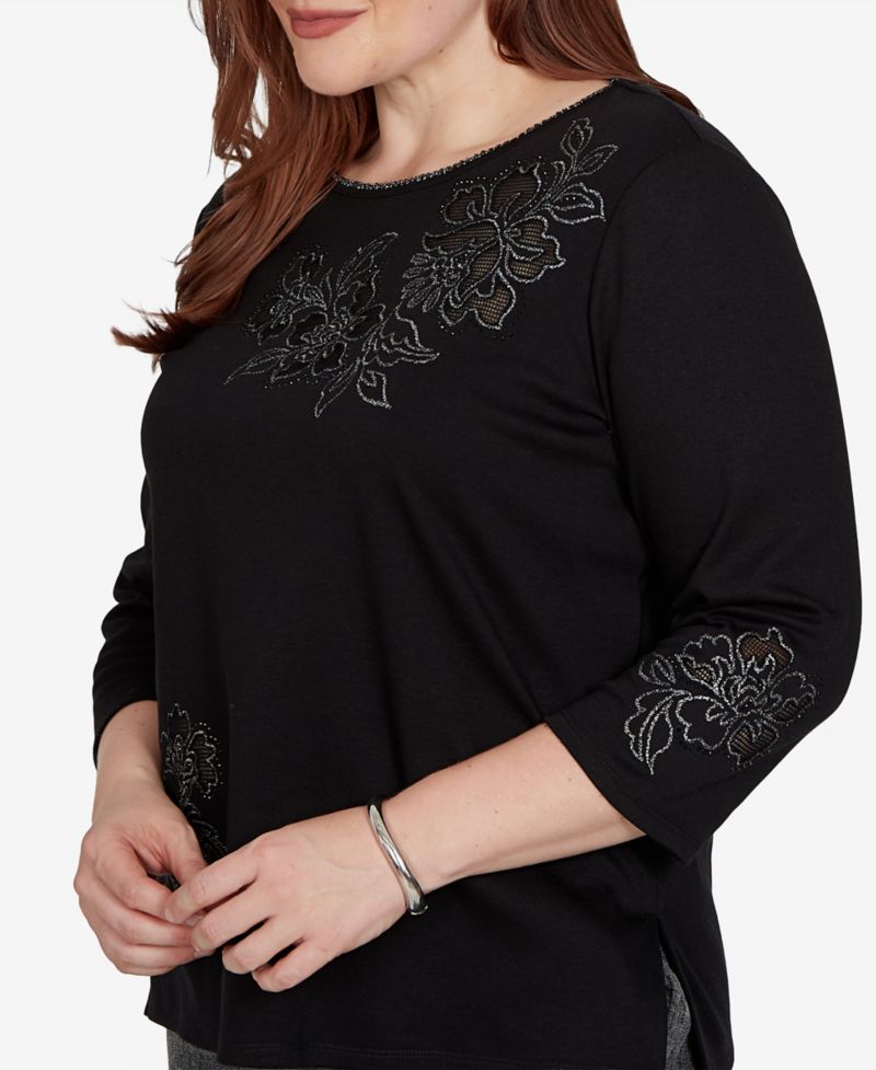 Women's 3/4-Sleeve Crewneck Floral Cotton-Blend Top