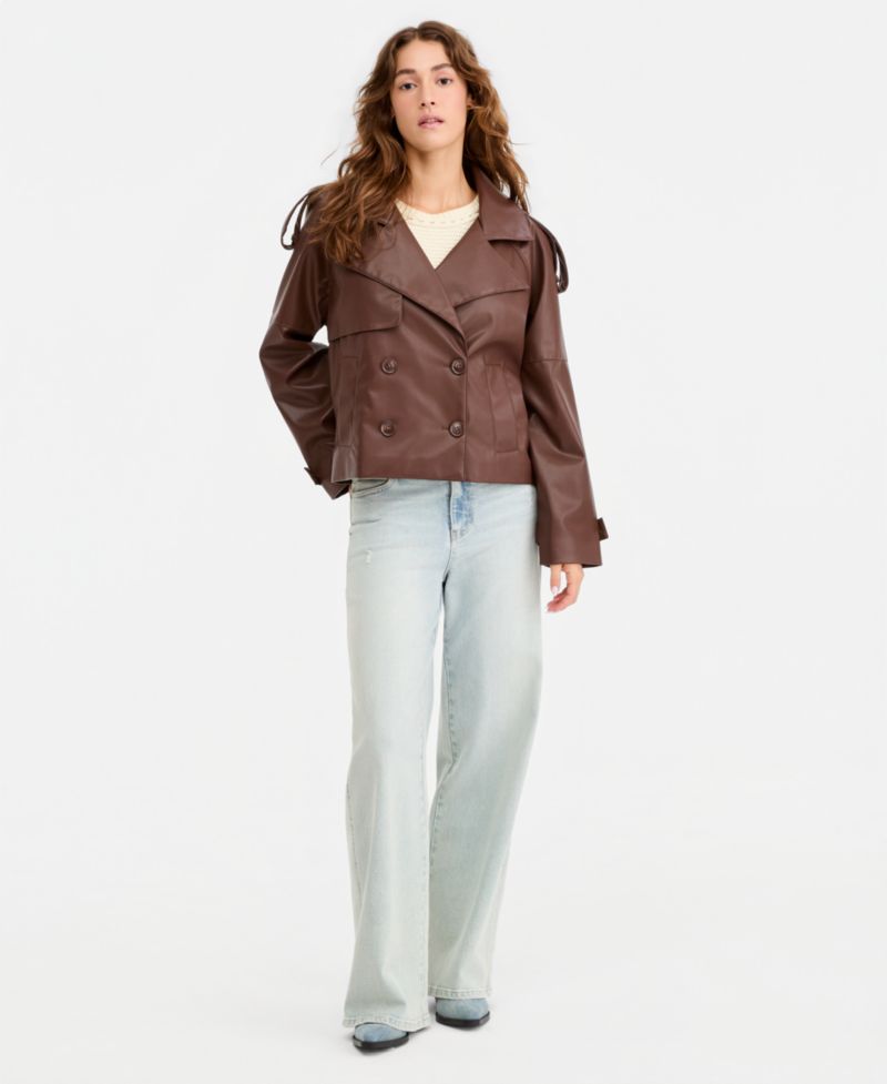 Juniors' Cropped Double-Breasted Faux-Leather Trench Coat