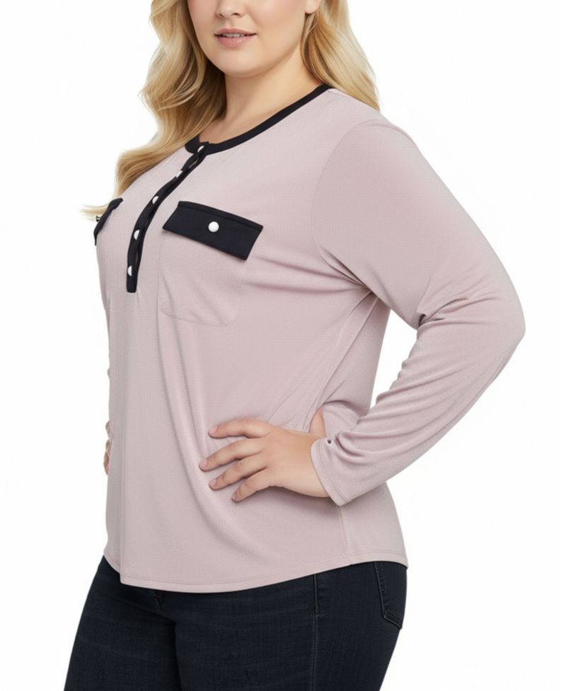 Petite Long Sleeve Contrast Detail Top
