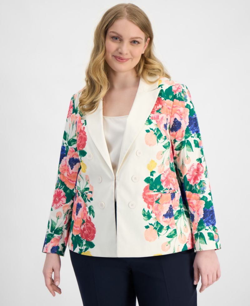 ASL Plus Size Printed Faux Double-Breasted Blazer