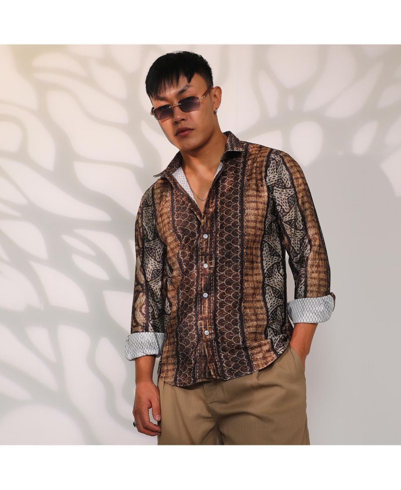 Men's Chocolate Brown Folk Print Shirt