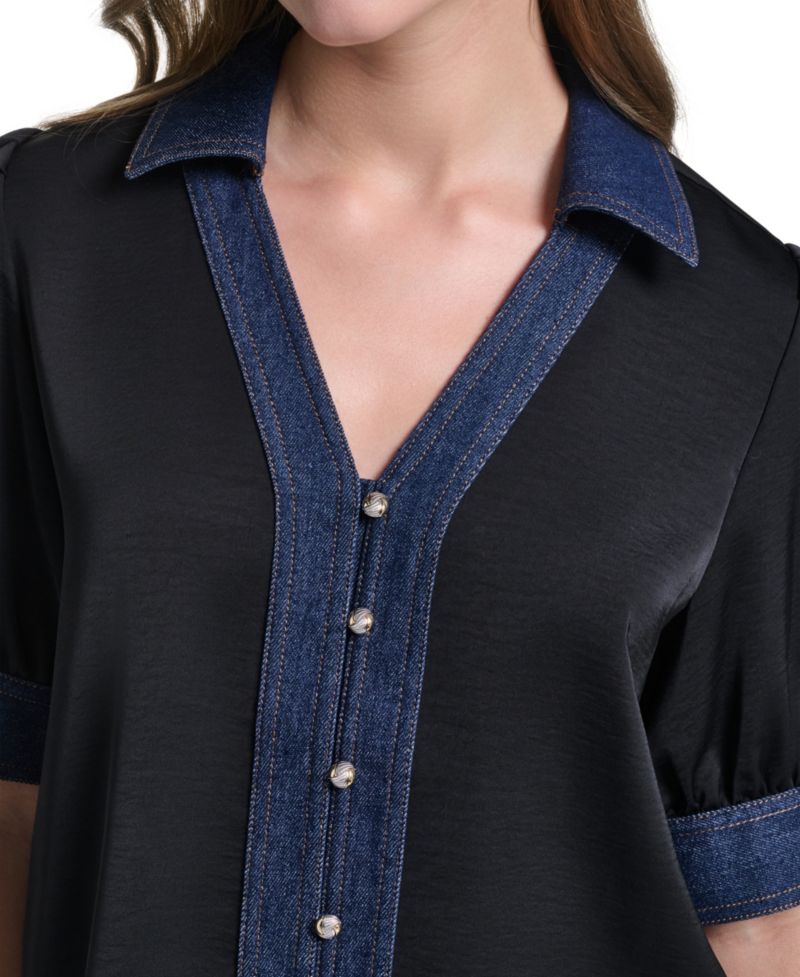 Petite Denim Collar Button-Front Blouse