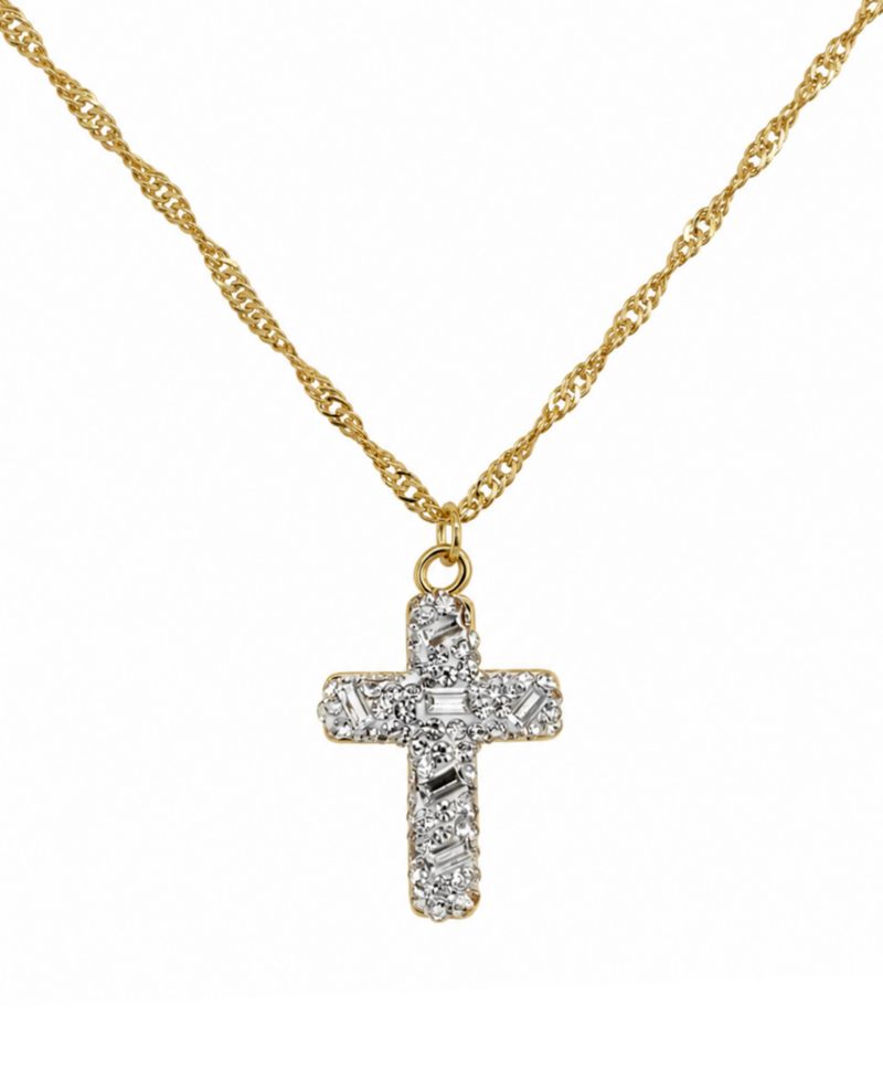 Crystal Gold-Tone Plated Composite Stone Pave Cross Pendant Necklace