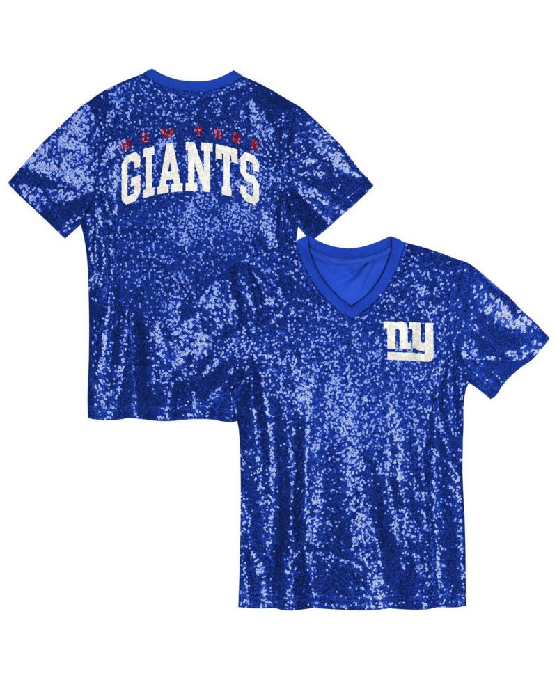 Big Girls Royal New York Giants Wordmark Sequin V-neck Top