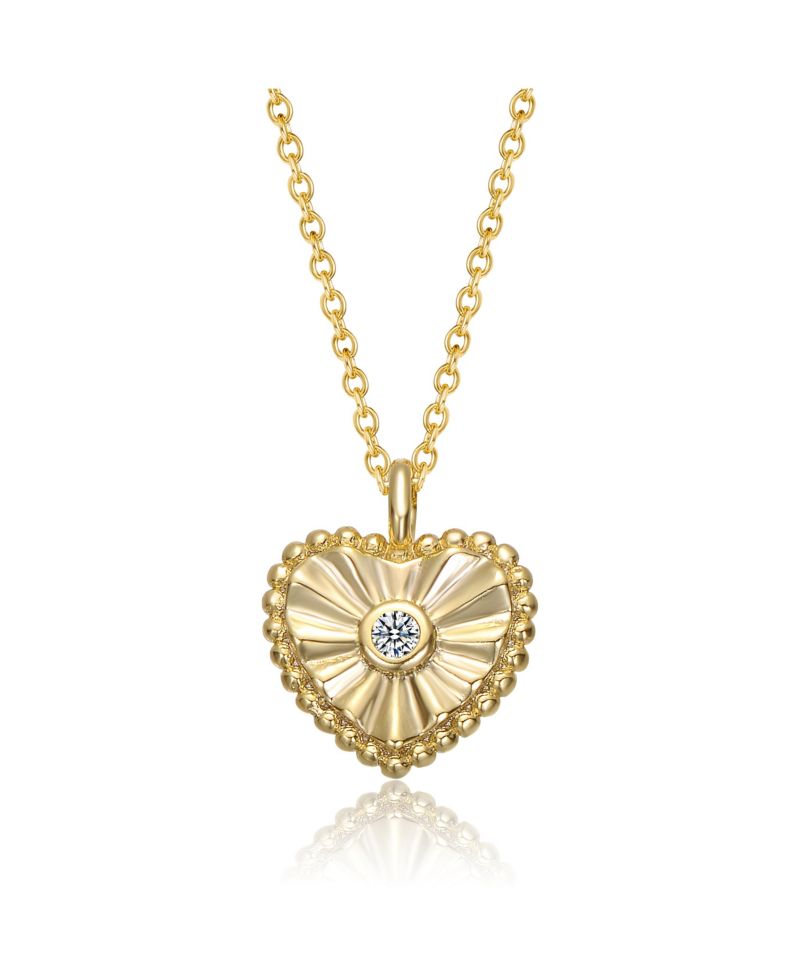 Sterling Silver 14k Gold Plated Cubic Zirconia Textured Heart Pendant Necklace