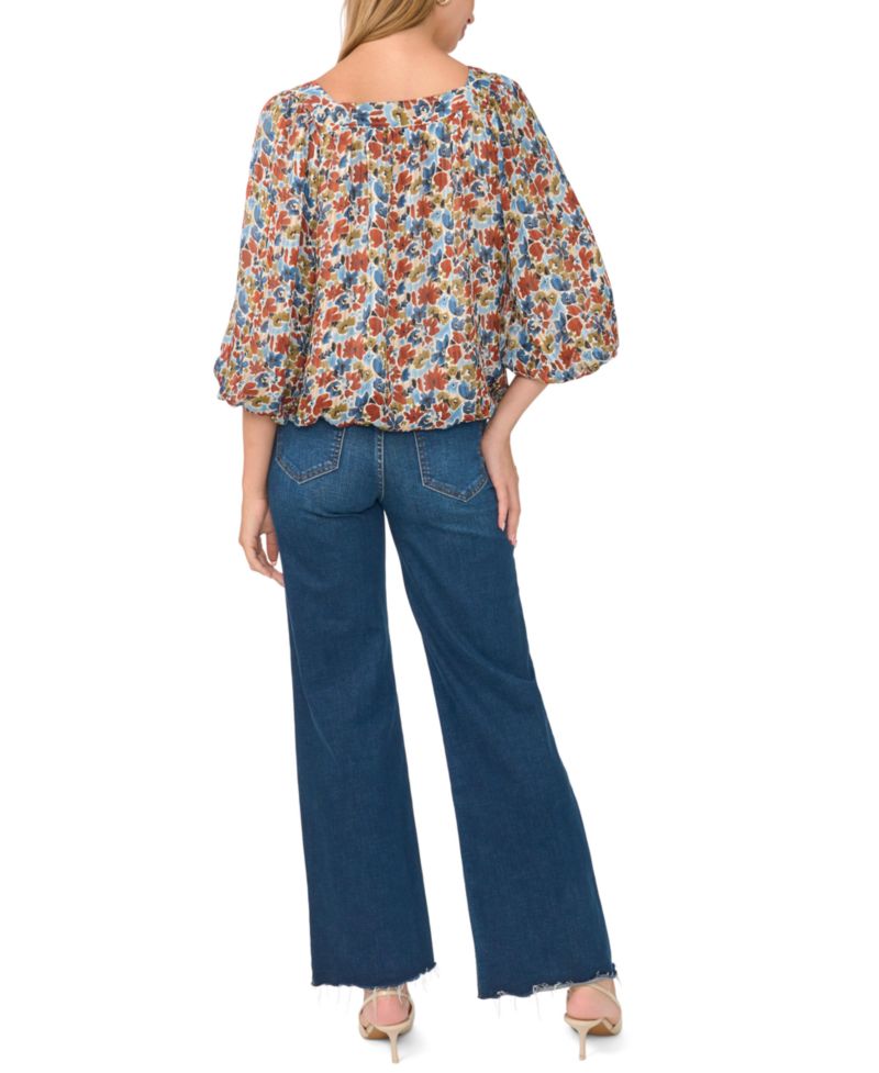 Women's Floral Square Neck 3/4-Sleeve Blouse