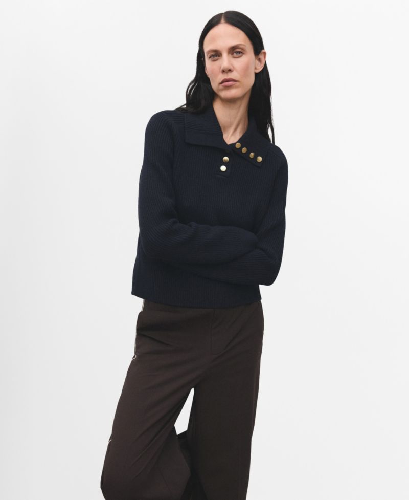 Women's Ribbed Polo-Neck Buttons Sweater
