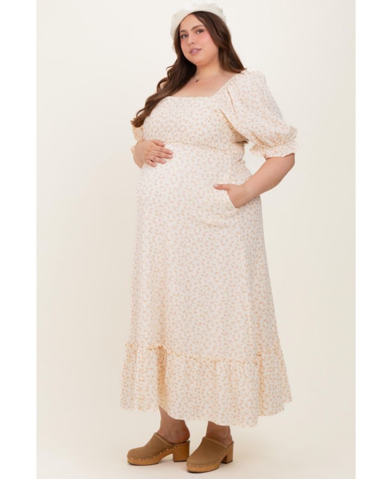 Plus Size Beige Floral Print Square Neckline Maxi Dress