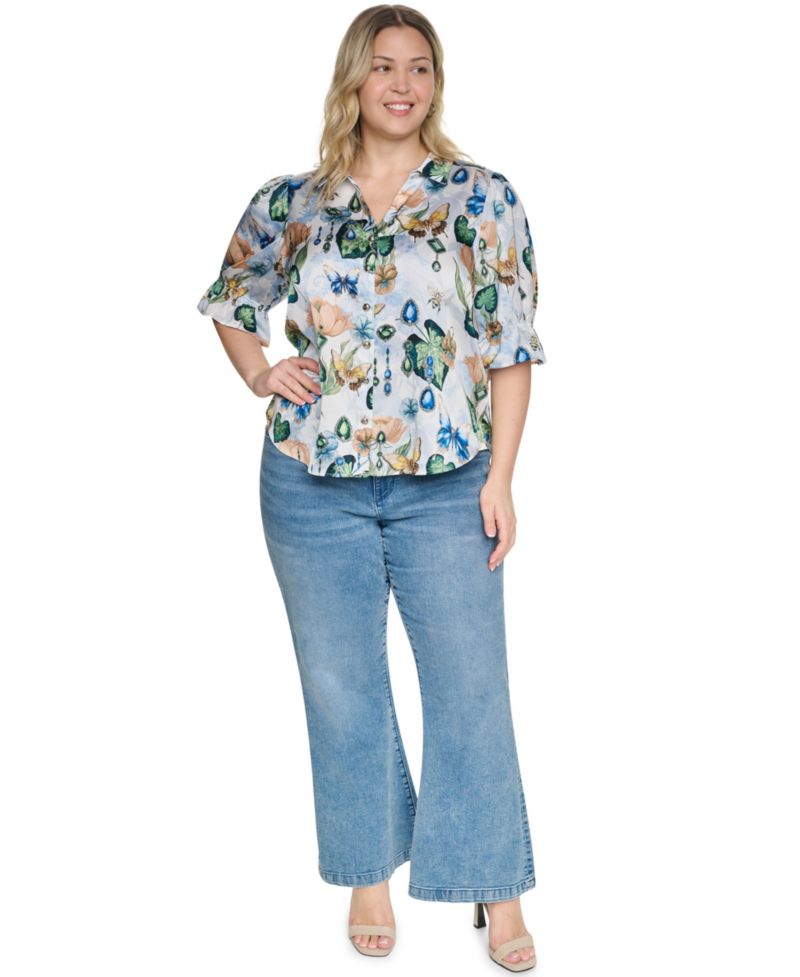 Plus Size Collared Button-Front Top