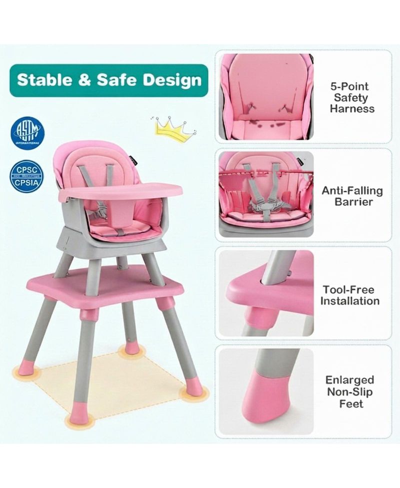 Toddler 6 in 1 Convertible High Chair with Adjustable Removable Tray and Booster