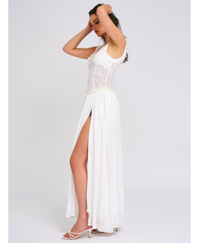 Women's Ulissa White Square Neck Jacquard Textured High Slit Maxi Dress