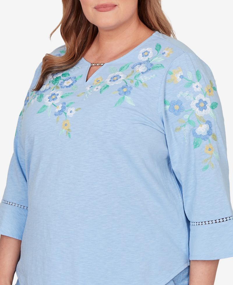 Plus Size Caribbean Blues Floral Embroidered Split Neck Top