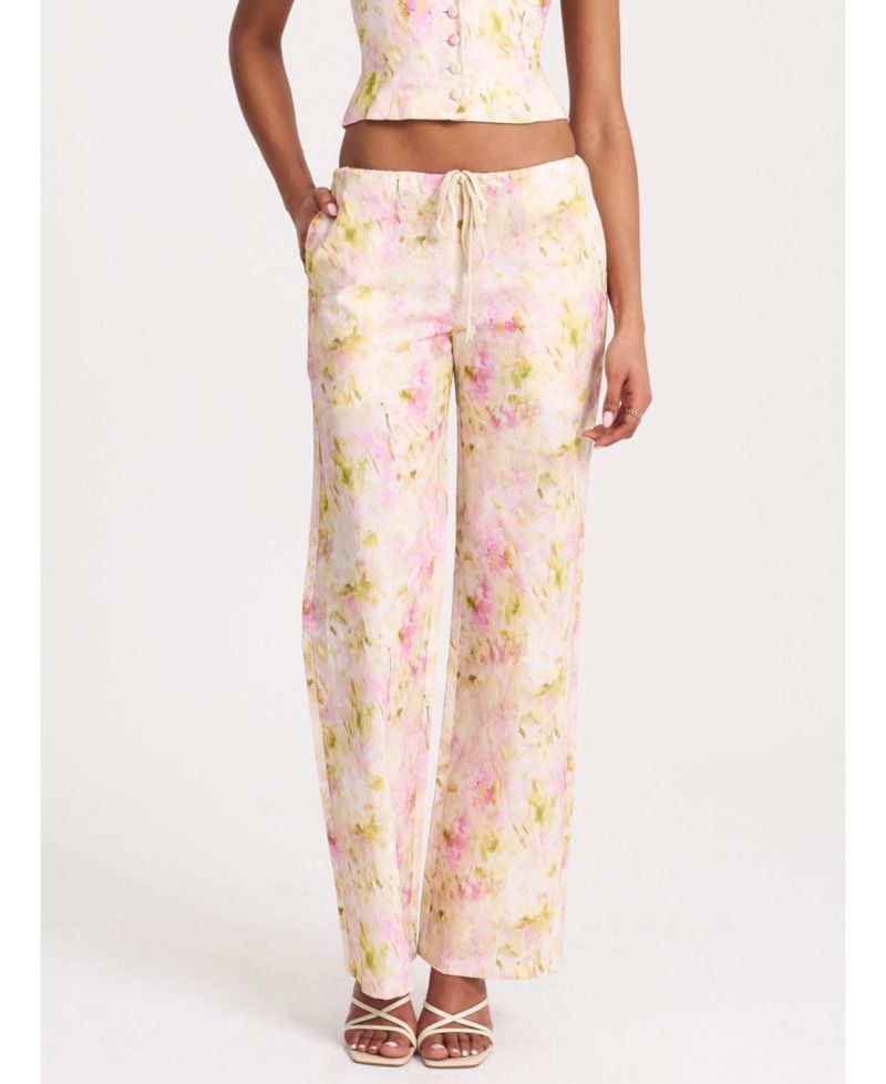 Women's Laureen Pink Floral Print Linen Straight Pants