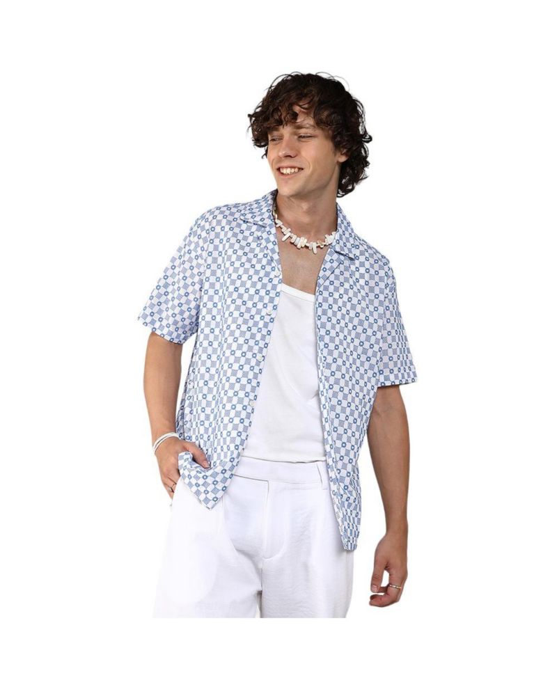 Men's Chalk White & Prussian Blue Embroidered Checkered Shirt