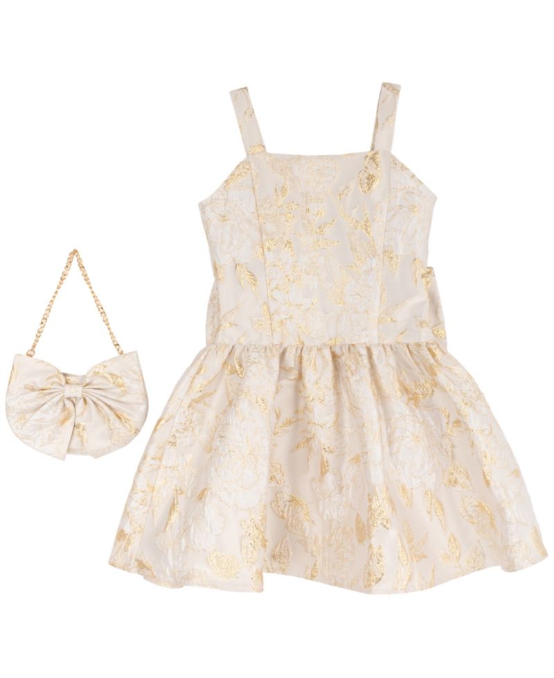 Girls' 7-16 Brocade Princess Bodice Square Neck Fit & Flare Metallic Floral Dress